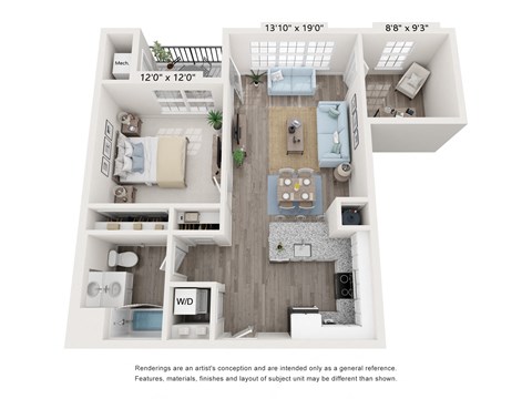 Floor plan for 1 bed, 1 bath, 863 sqft